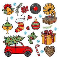 retro estado animico Navidad bosquejo regalos y coche entregando árbol vector