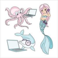 mar criaturas sirena habla en teléfono inteligente vector ilustración