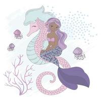 SEA FRIEND Sea Horse Of Mermaid Girl Vector Illustration Set
