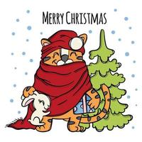TIGER NEW YEAR Santa Claus With Gifts Vector Illustration Set