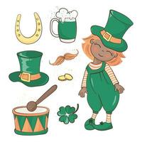 PATRICK DAY Red Haired Leprechaun Boy Vector Illustration Set