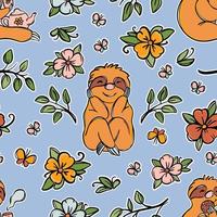 SLOTH FLOWER Cute Animal Sits On The Meadow Seamless Pattern vector