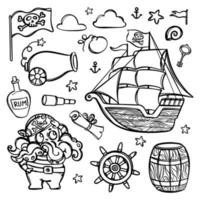 OCTOPUS PIRATE AND SHIP Monochrome Clipart Illustration Set vector