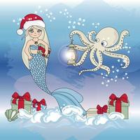 OCTOPUS MERMAID GIFT Underwater Girl Vector Illustration Set