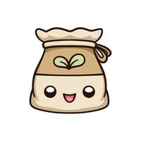 Cute happy burlap sack bag of seeds kawaii cartoon illustration. Gardening farming agriculture clipart. vector