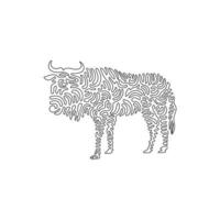 Single curly one line drawing of cute wildebeest abstract art. Continuous line draw graphic design vector illustration of wildebeest has a long beard for icon, symbol, company logo, poster wall decor