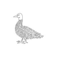 Single one curly line drawing of cute mallard abstract art. Continuous line draw graphic design vector illustration of common mallard duck in the world for icon, symbol, logo,