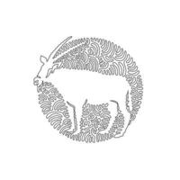 Continuous one curve line drawing of adorable oryx abstract art in circle. Single line editable stroke vector illustration of oryx with long straight horns for logo, wall decor and poster print decor