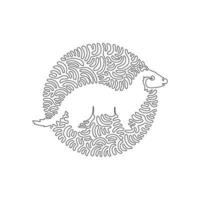 Continuous one curve line drawing of funny weasel abstract art in circle. Single line editable stroke vector illustration of strong and agile weasel for logo, wall decor and poster print decoration