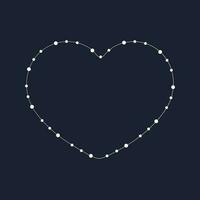 Fairy lights heart border frame. White string garland with text space isolated on dark background. Christmas tree, New Year party decorations template with transparency. vector