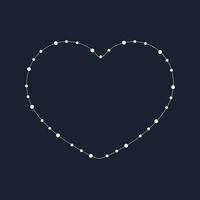 Fairy lights heart border frame. White string garland with text space isolated on dark background. Christmas tree, New Year party decorations template with transparency. vector