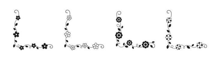 Set of hand drawn floral corner borders. Spring flower page decoration vector illustration.