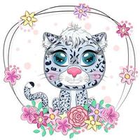Cartoon snow leopard with expressive eyes. Wild animals, character, childish cute style. vector