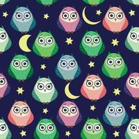 Cute multicolored owls at night with stars, clouds and moon. Seamless pattern in cartoon style, childish seamless pattern, newborn. vector