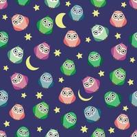 Cute multicolored owls at night with stars, clouds and moon. Seamless pattern in cartoon style, childish seamless pattern, newborn. vector