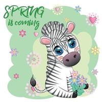 Striped zebra in a wreath of flowers, with a bouquet. Spring is coming vector