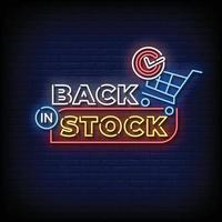 Neon Sign back in stock with brick wall background vector