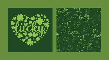 Get Luck lettering set and shamrocks seamless pattern for Saint Patrick Day vector