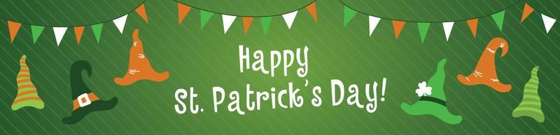 Cute caps and leprechaun hats under flags with colors of the Irish flag for celebrating St Patrick's Day