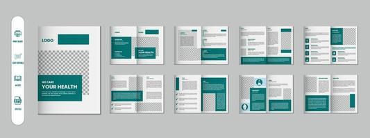 16 Pages Medical brochure, Healthcare annual report, business profile a4 size flyer template design vector