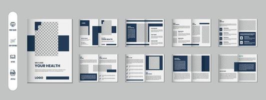 16 Pages Medical brochure, Healthcare annual report, business profile a4 size flyer template design vector