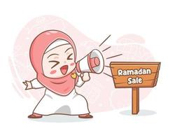 Cute muslim boy holding megaphone in ramadan sale cartoon illustration vector