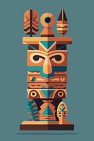 Colored Indian Wooden totem pole with tiki mask and eagle. Vector cartoon illustration