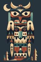 Colored Indian Wooden totem pole with tiki mask and eagle. Vector cartoon illustration