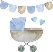 Watercolor baby boy blue stroller illustration. Its a boy set vector