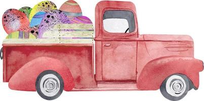 acuarela Pascua de Resurrección rojo retro camión con huevos. antiguo coche ilustración para Pascua de Resurrección tarjeta haciendo
