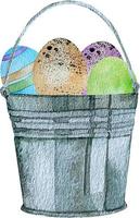 Watercolor spring Easter with rusty bucket with colored eggs vector