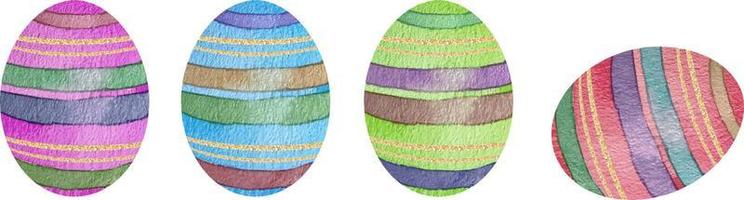 Watercolor set of colored Easter eggs with stripes on a white background. vector