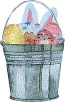 Watercolor spring Easter with rusty bucket with colored eggs vector