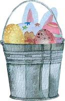 Watercolor spring Easter with rusty bucket with colored eggs vector