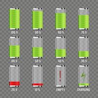 Set of realistic glass power battery. Charging, discharged and various level energy. Battery vector illustration on transparent background