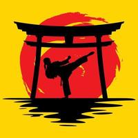 Vector Illustration of Karate bellow the gate isolated on yellow background with red circle brush