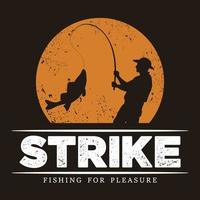 Vector illustration of man fishing strike for company logo badge or t-shirt design isolated on black background