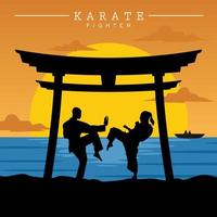 Vector Illustration of couple practice karate fight under gate with sunset beach background for t-shirt, poster, etc