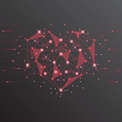 red heart technology valentine background abstract. technology with line ,digital, heart, dot, hi-tech, valentine concept, vector. heart technological for valentine day, background, web banner.