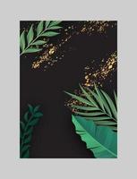 vector tropical pancartas colocar. plátano hoja con oro chapoteo en negro antecedentes. exótico botánica para productos cosméticos, spa, perfume, salud cuidado productos, aroma, turista agencia, verano fiesta invitación