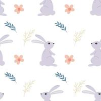 Hares in flowers and herbs cute seamless pattern vector