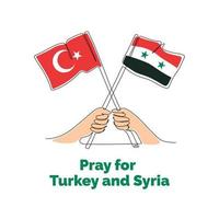 Pray for Turkey and Syria. One continuous line drawing of poster design with flags. Vector illustration.