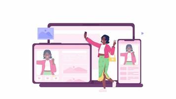 Animated cross-platform influencer. Female blogger sharing selfie on social media 2D cartoon flat character 4K video footage on white with alpha channel transparency. Concept animation for web design