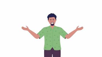 Animated man greeting with open arms. Pleased bearded guy. Welcoming gesture. Flat character animation on white background with alpha channel transparency. Color cartoon style 4K video footage