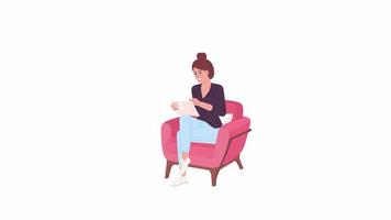 Animated girl scrolling tablet. Young woman with bun hairstyle sitting in armchair. Flat character animation on white background with alpha channel transparency. Color cartoon style 4K video footage