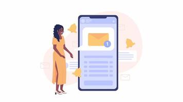 Animated email. Excited woman receiving new message in digital mailbox. 2D cartoon flat character 4K video footage on white with alpha channel transparency. Concept animation for web design