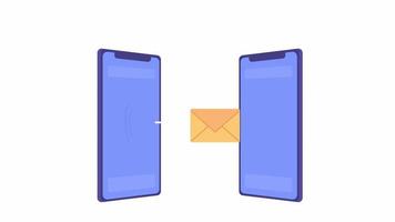 Animated exchanging messages. Receiving email on mobile phone process online. 2D cartoon flat object 4K video footage on white with alpha channel transparency. Concept animation for web design