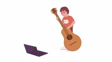 Animated boy with guitar and laptop. Kid musical instrument online lesson. Flat character animation on white background with alpha channel transparency. Color cartoon style 4K video footage
