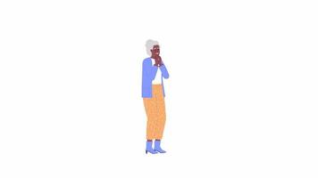 Animated excited granny. Thrilled elderly woman touching face with hands. Flat character animation on white background with alpha channel transparency. Color cartoon style 4K video footage