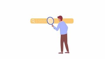 Animated guy with search string. Curious man with magnifying glass. 2D cartoon flat character 4K video footage on white with alpha channel transparency. Concept animation for web design